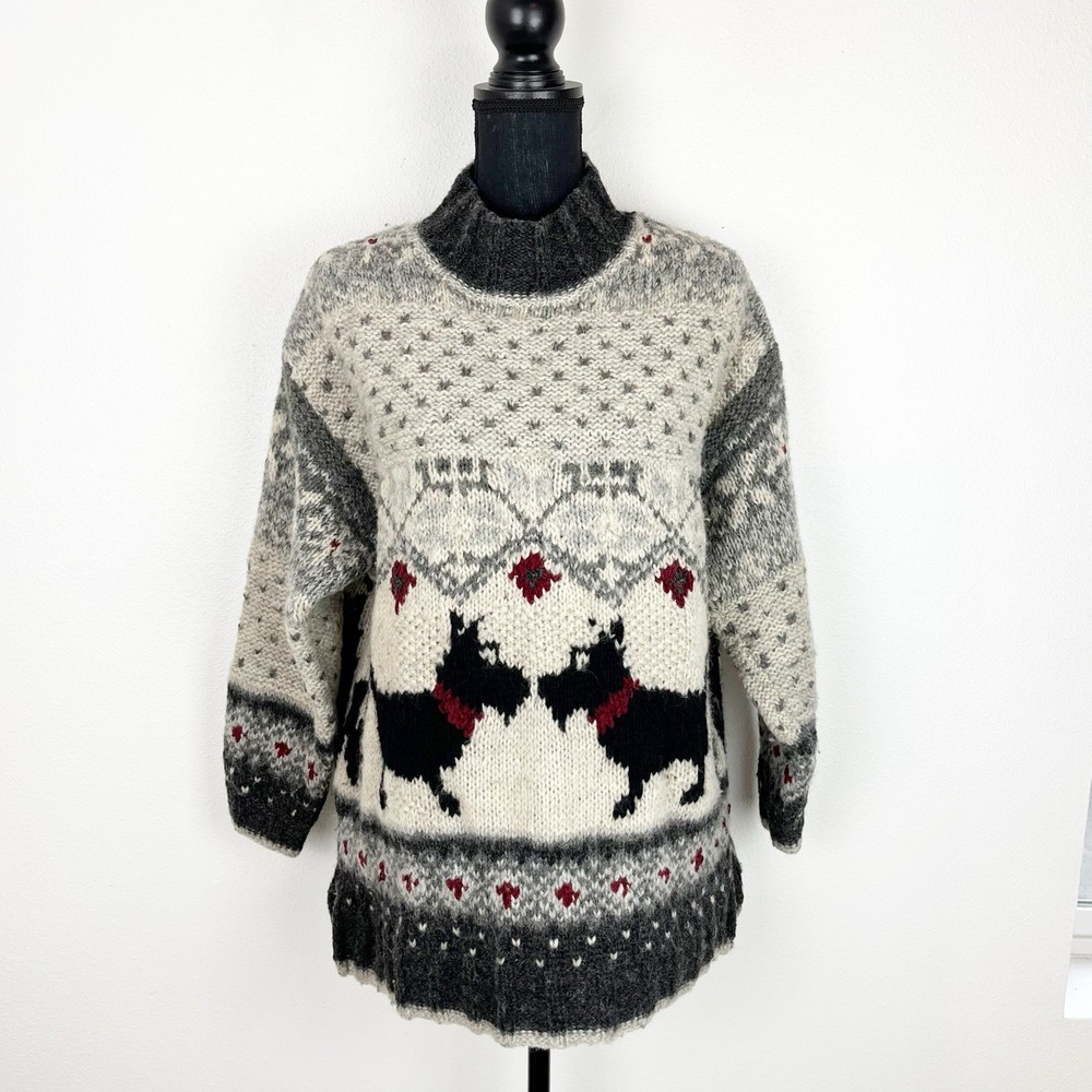 VTG Hand Knit Chunky Sweater Md Scottish Terrier Cottagecore Cabincore Boho Chic